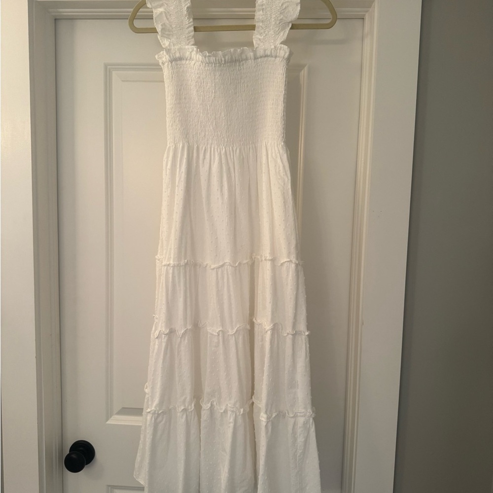 o.p.t. White Smocked Ruffle-Neck Dress